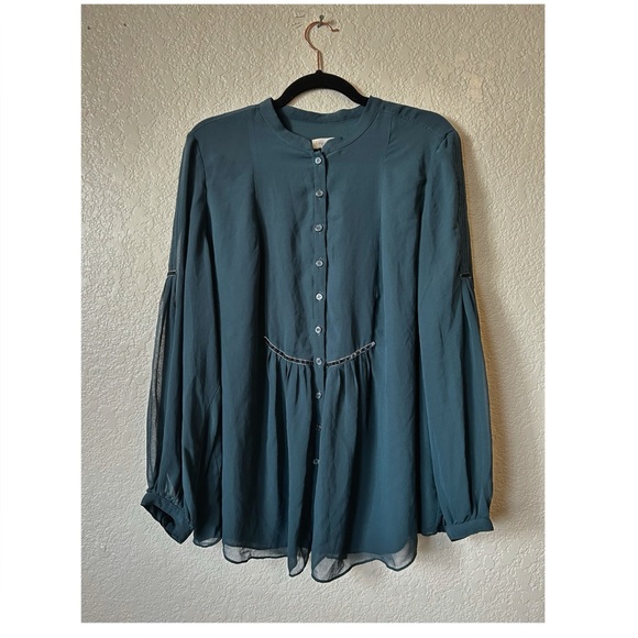 Plus Teal Romantic Button Down Blouse Velvet Chiffon Whimsygoth 1X - Picture 1 of 6